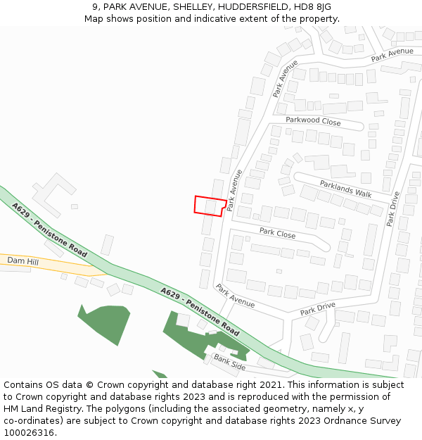 9, PARK AVENUE, SHELLEY, HUDDERSFIELD, HD8 8JG: Location map and indicative extent of plot