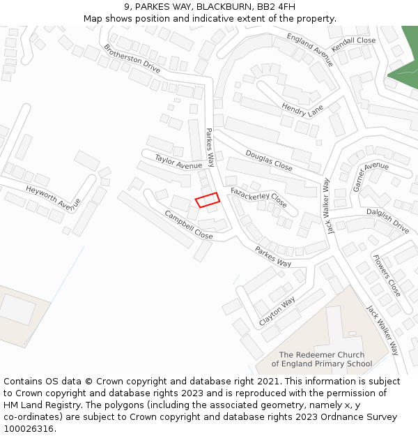 9, PARKES WAY, BLACKBURN, BB2 4FH: Location map and indicative extent of plot