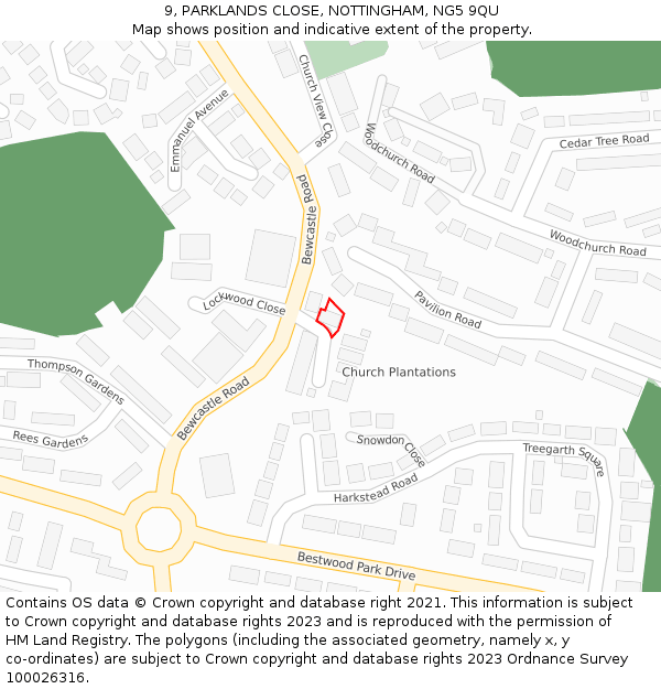 9, PARKLANDS CLOSE, NOTTINGHAM, NG5 9QU: Location map and indicative extent of plot