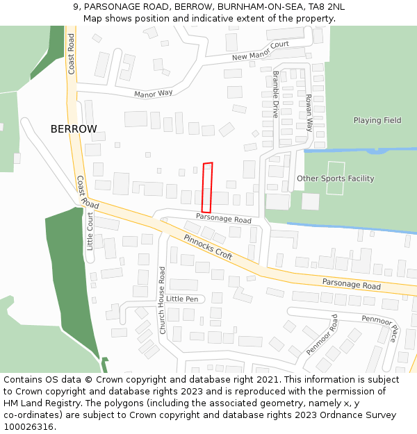 9, PARSONAGE ROAD, BERROW, BURNHAM-ON-SEA, TA8 2NL: Location map and indicative extent of plot