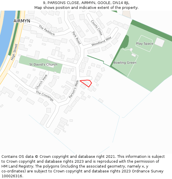 9, PARSONS CLOSE, AIRMYN, GOOLE, DN14 8JL: Location map and indicative extent of plot