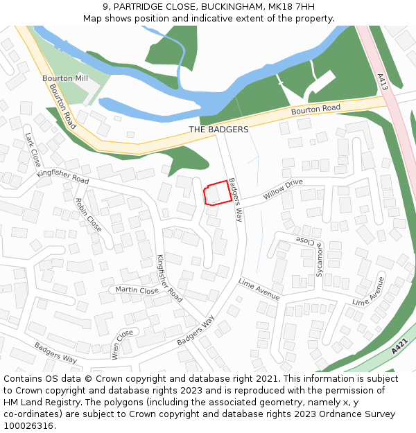 9, PARTRIDGE CLOSE, BUCKINGHAM, MK18 7HH: Location map and indicative extent of plot
