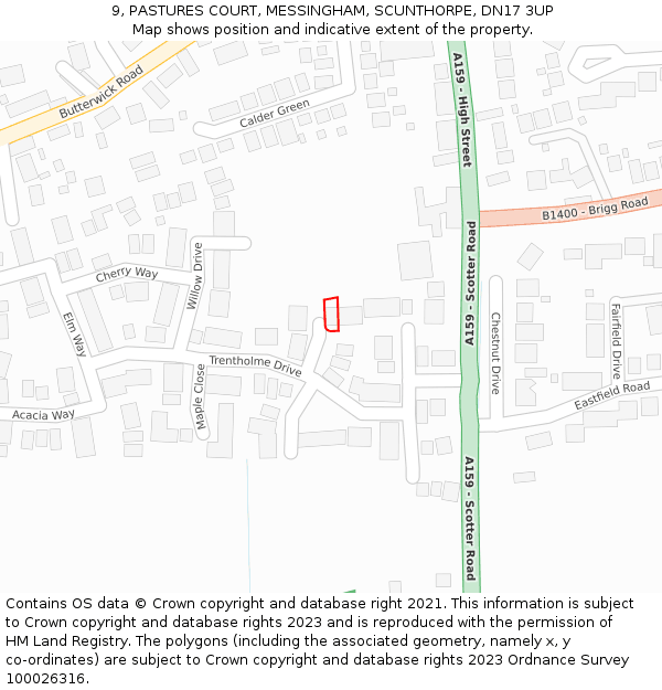 9, PASTURES COURT, MESSINGHAM, SCUNTHORPE, DN17 3UP: Location map and indicative extent of plot