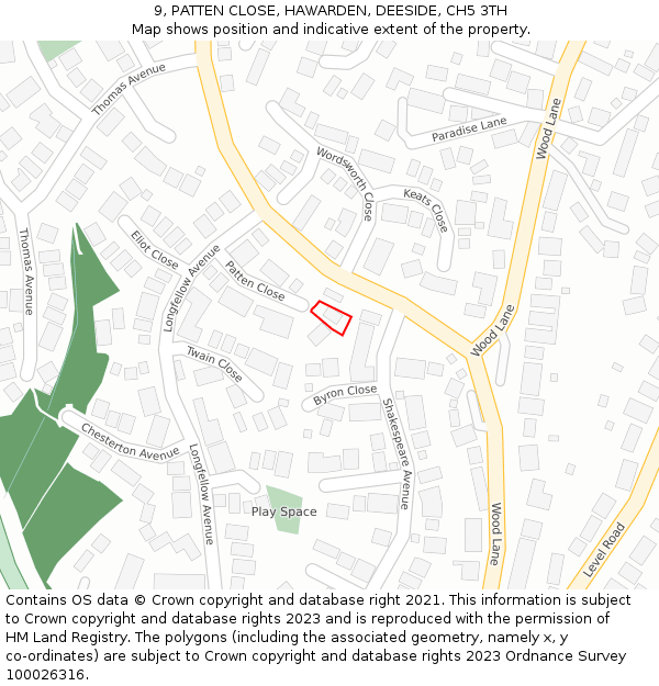 9, PATTEN CLOSE, HAWARDEN, DEESIDE, CH5 3TH: Location map and indicative extent of plot