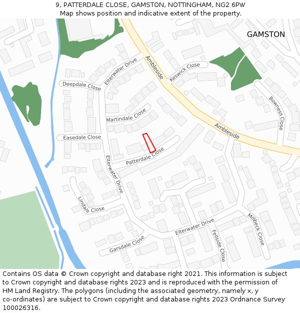 9, PATTERDALE CLOSE, GAMSTON, NOTTINGHAM, NG2 6PW: Location map and indicative extent of plot