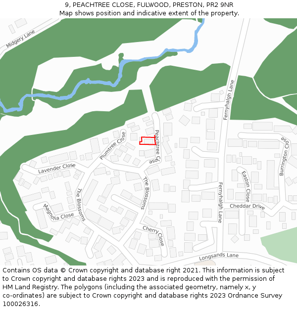 9, PEACHTREE CLOSE, FULWOOD, PRESTON, PR2 9NR: Location map and indicative extent of plot