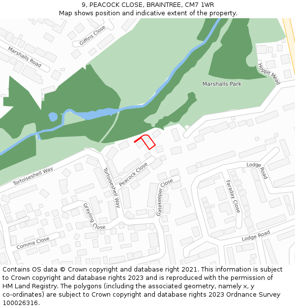 9, PEACOCK CLOSE, BRAINTREE, CM7 1WR: Location map and indicative extent of plot