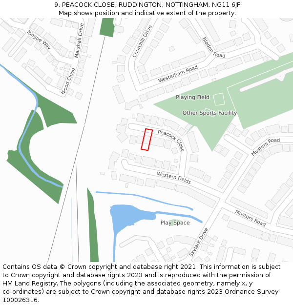 9, PEACOCK CLOSE, RUDDINGTON, NOTTINGHAM, NG11 6JF: Location map and indicative extent of plot