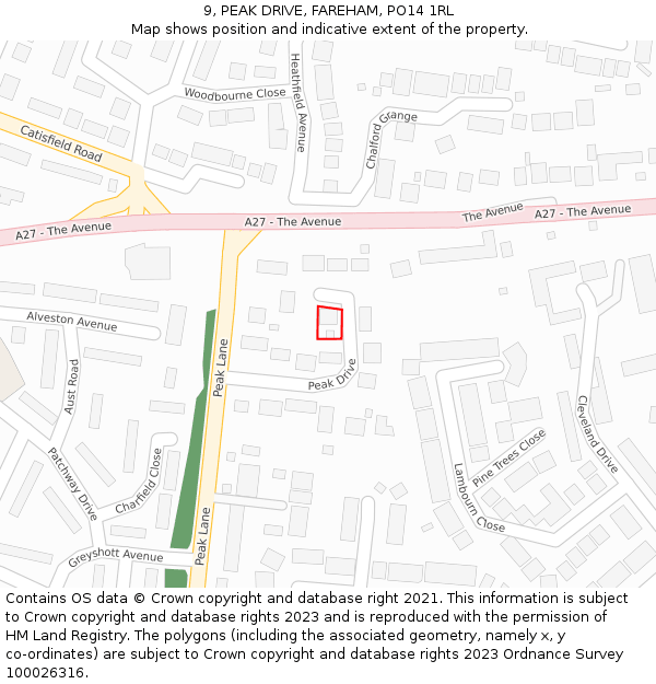 9, PEAK DRIVE, FAREHAM, PO14 1RL: Location map and indicative extent of plot