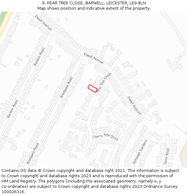 9, PEAR TREE CLOSE, BARWELL, LEICESTER, LE9 8LN: Location map and indicative extent of plot