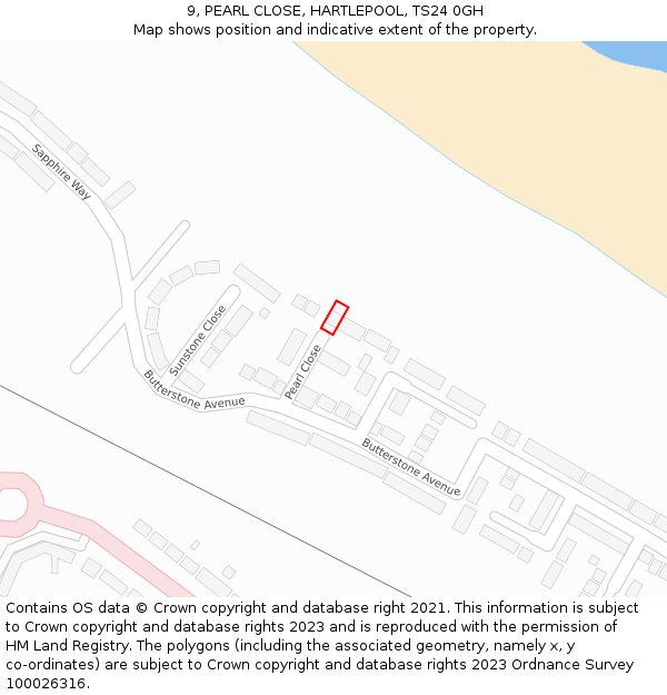 9, PEARL CLOSE, HARTLEPOOL, TS24 0GH: Location map and indicative extent of plot
