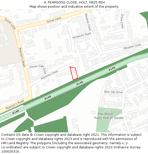 9, PEARSONS CLOSE, HOLT, NR25 6EH: Location map and indicative extent of plot