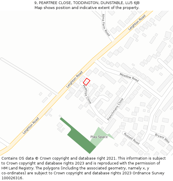 9, PEARTREE CLOSE, TODDINGTON, DUNSTABLE, LU5 6JB: Location map and indicative extent of plot