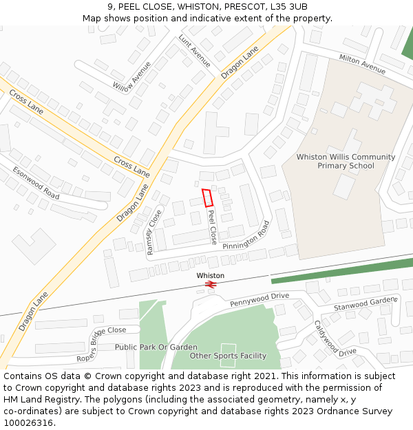 9, PEEL CLOSE, WHISTON, PRESCOT, L35 3UB: Location map and indicative extent of plot