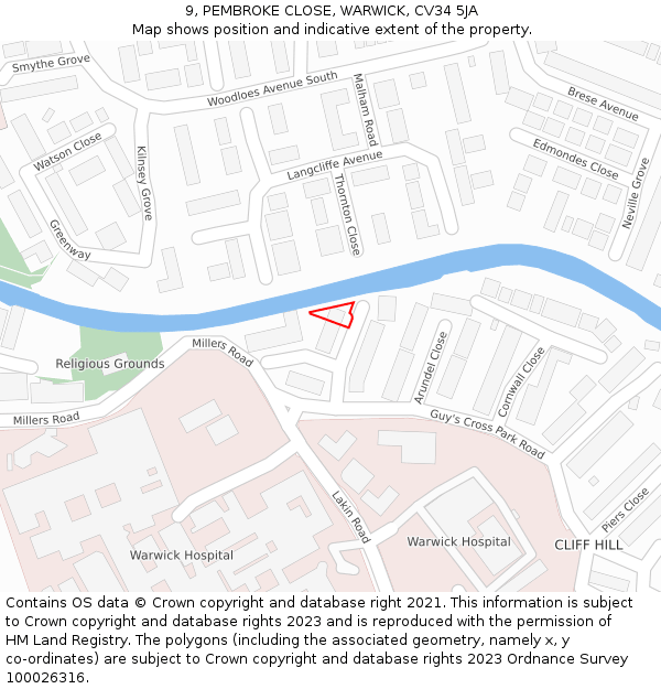 9, PEMBROKE CLOSE, WARWICK, CV34 5JA: Location map and indicative extent of plot