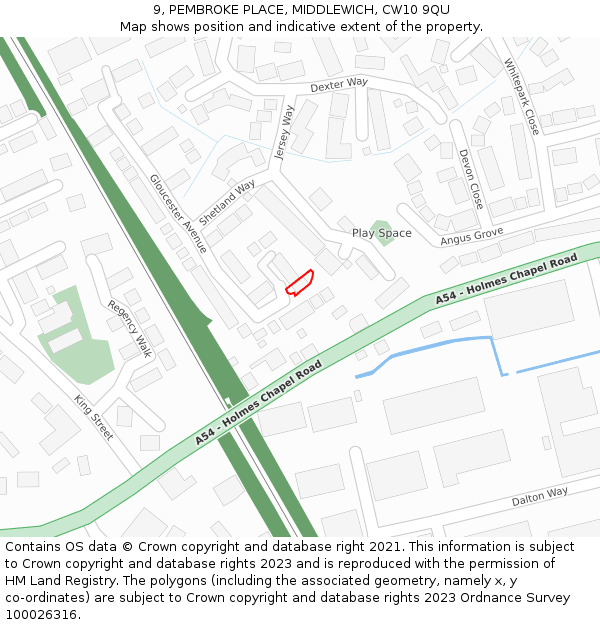 9, PEMBROKE PLACE, MIDDLEWICH, CW10 9QU: Location map and indicative extent of plot