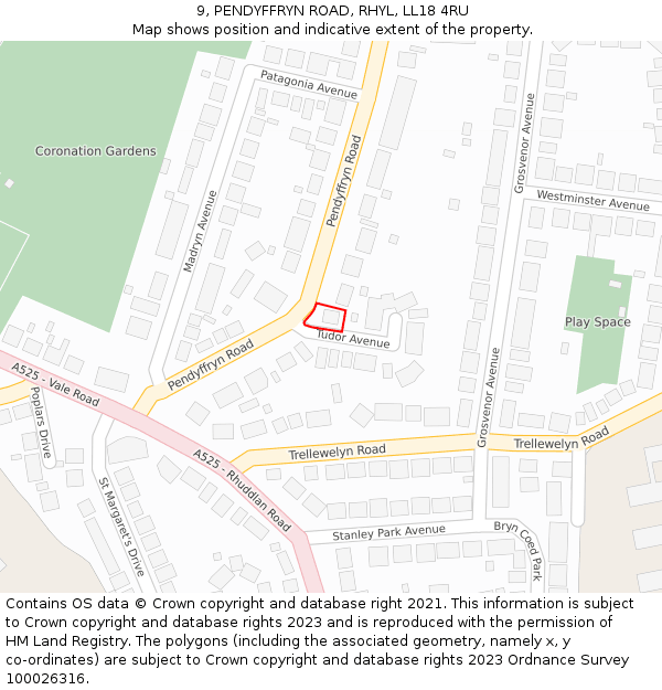 9, PENDYFFRYN ROAD, RHYL, LL18 4RU: Location map and indicative extent of plot