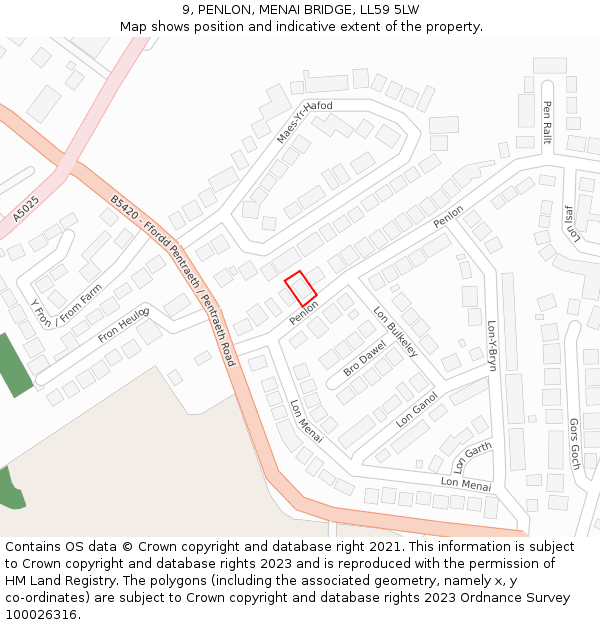 9, PENLON, MENAI BRIDGE, LL59 5LW: Location map and indicative extent of plot