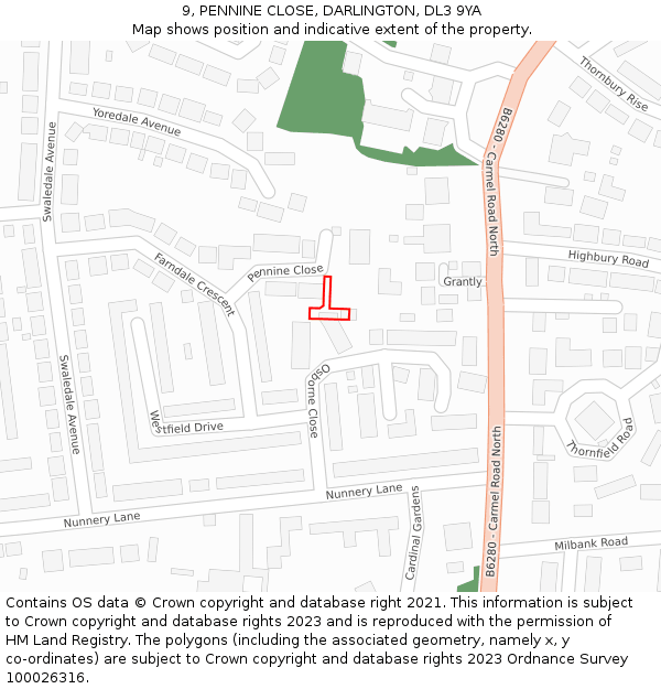 9, PENNINE CLOSE, DARLINGTON, DL3 9YA: Location map and indicative extent of plot