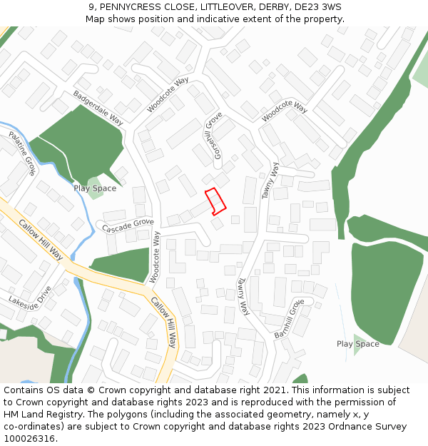 9, PENNYCRESS CLOSE, LITTLEOVER, DERBY, DE23 3WS: Location map and indicative extent of plot