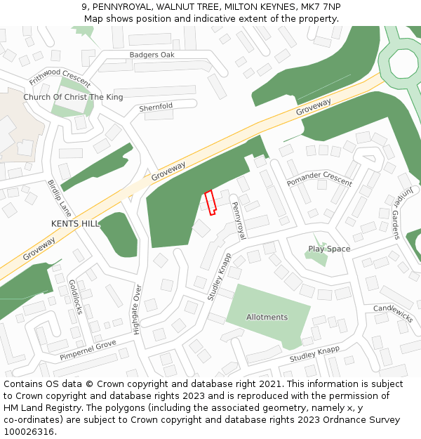 9, PENNYROYAL, WALNUT TREE, MILTON KEYNES, MK7 7NP: Location map and indicative extent of plot