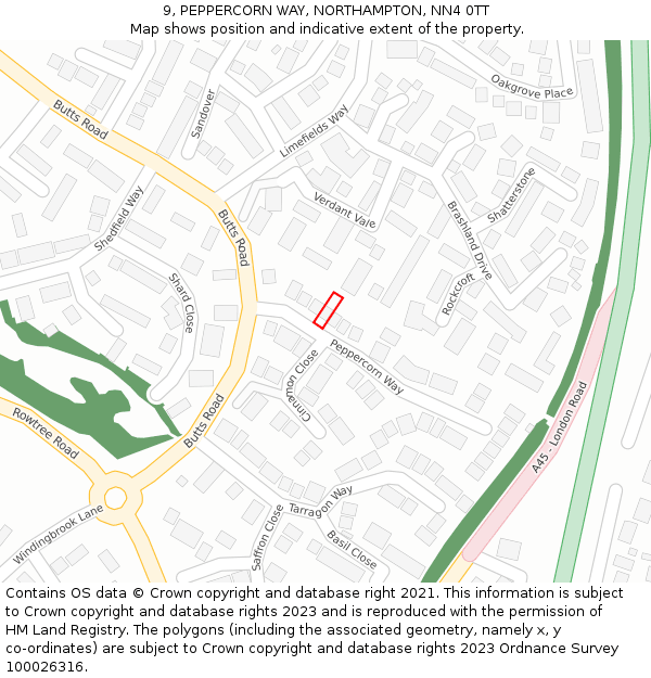 9, PEPPERCORN WAY, NORTHAMPTON, NN4 0TT: Location map and indicative extent of plot