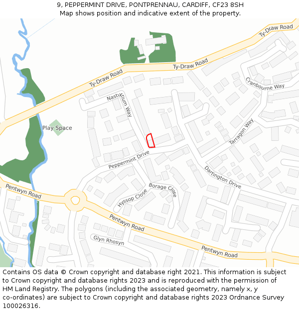 9, PEPPERMINT DRIVE, PONTPRENNAU, CARDIFF, CF23 8SH: Location map and indicative extent of plot