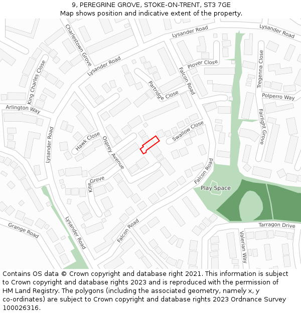 9, PEREGRINE GROVE, STOKE-ON-TRENT, ST3 7GE: Location map and indicative extent of plot