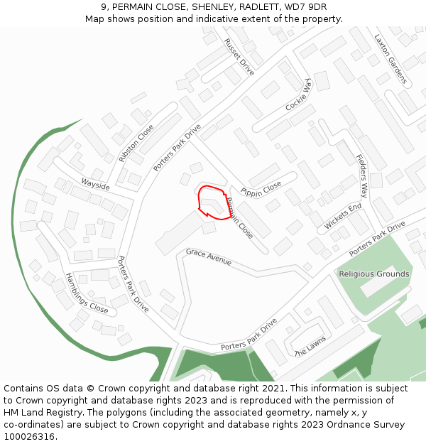 9, PERMAIN CLOSE, SHENLEY, RADLETT, WD7 9DR: Location map and indicative extent of plot