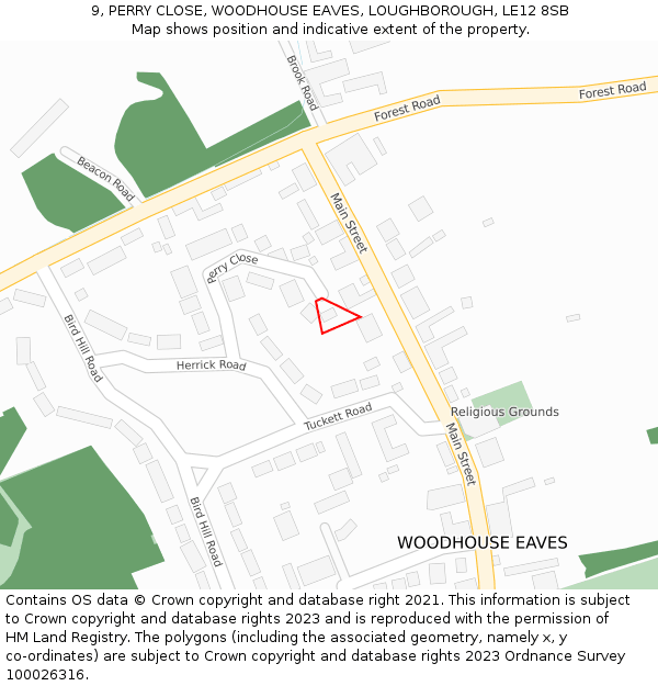 9, PERRY CLOSE, WOODHOUSE EAVES, LOUGHBOROUGH, LE12 8SB: Location map and indicative extent of plot
