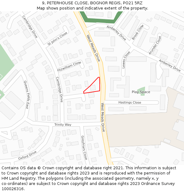 9, PETERHOUSE CLOSE, BOGNOR REGIS, PO21 5RZ: Location map and indicative extent of plot