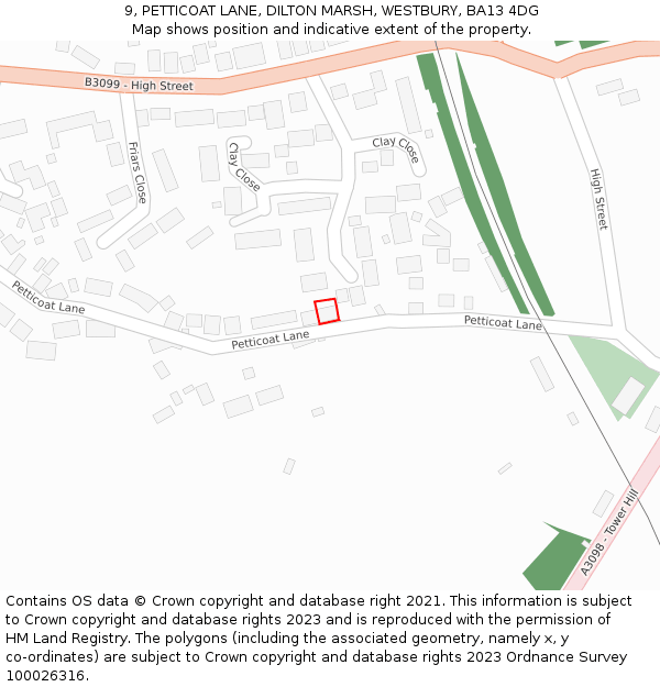 9, PETTICOAT LANE, DILTON MARSH, WESTBURY, BA13 4DG: Location map and indicative extent of plot