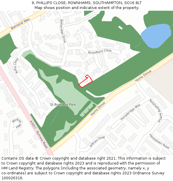 9, PHILLIPS CLOSE, ROWNHAMS, SOUTHAMPTON, SO16 8LT: Location map and indicative extent of plot