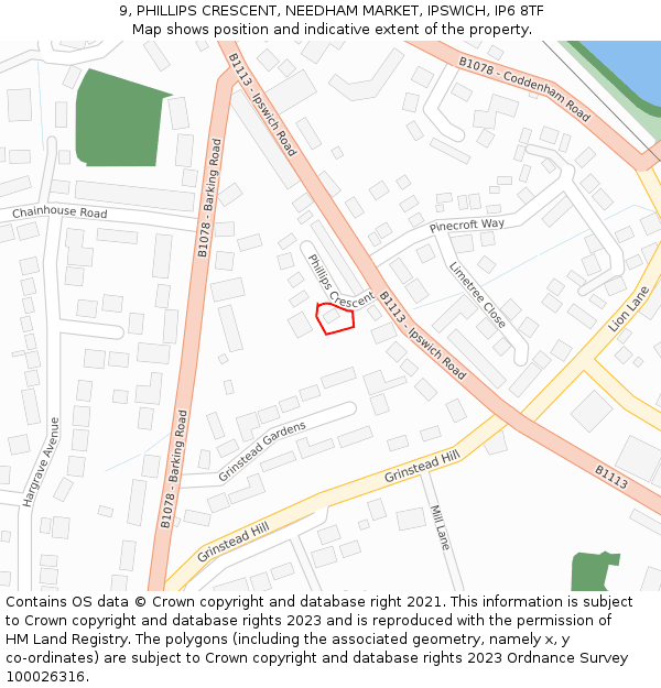 9, PHILLIPS CRESCENT, NEEDHAM MARKET, IPSWICH, IP6 8TF: Location map and indicative extent of plot