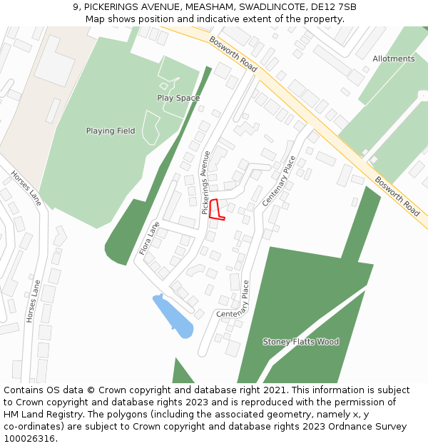 9, PICKERINGS AVENUE, MEASHAM, SWADLINCOTE, DE12 7SB: Location map and indicative extent of plot