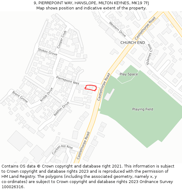 9, PIERREPOINT WAY, HANSLOPE, MILTON KEYNES, MK19 7FJ: Location map and indicative extent of plot