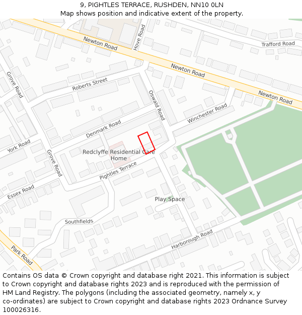 9, PIGHTLES TERRACE, RUSHDEN, NN10 0LN: Location map and indicative extent of plot