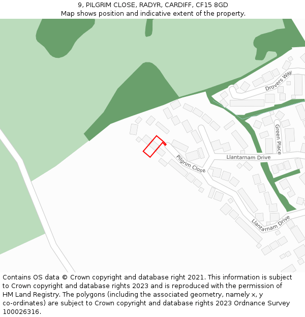 9, PILGRIM CLOSE, RADYR, CARDIFF, CF15 8GD: Location map and indicative extent of plot