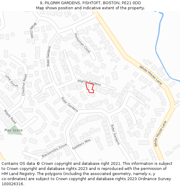 9, PILGRIM GARDENS, FISHTOFT, BOSTON, PE21 0DD: Location map and indicative extent of plot