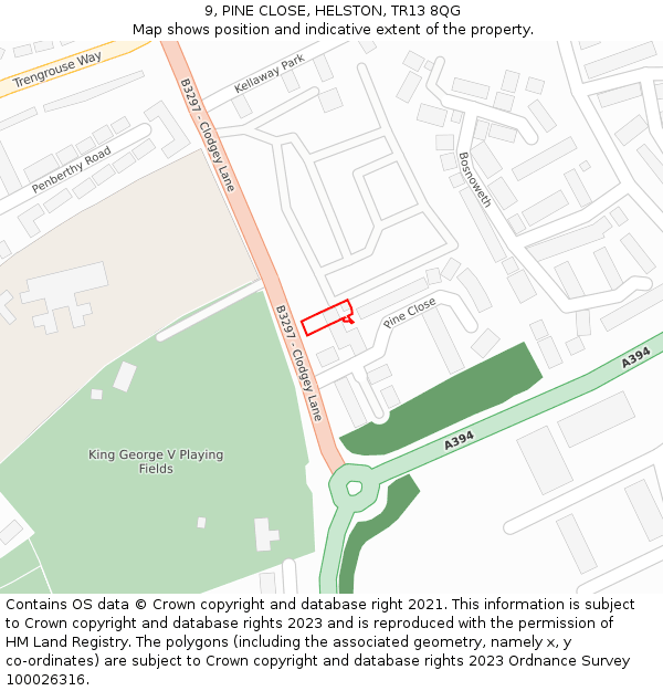 9, PINE CLOSE, HELSTON, TR13 8QG: Location map and indicative extent of plot