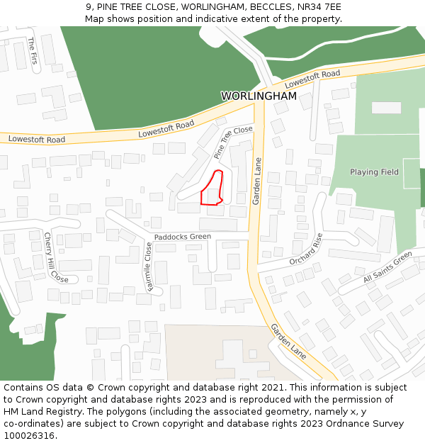 9, PINE TREE CLOSE, WORLINGHAM, BECCLES, NR34 7EE: Location map and indicative extent of plot