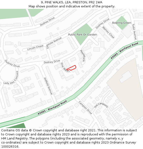 9, PINE WALKS, LEA, PRESTON, PR2 1WA: Location map and indicative extent of plot