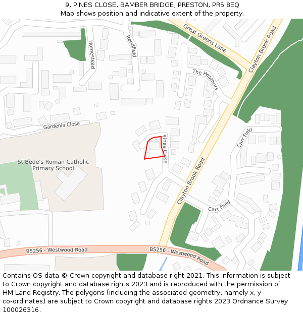 9, PINES CLOSE, BAMBER BRIDGE, PRESTON, PR5 8EQ: Location map and indicative extent of plot
