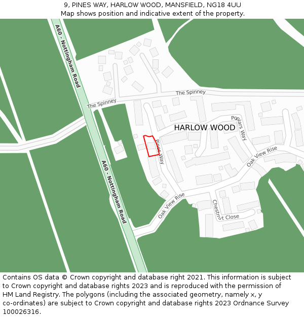 9, PINES WAY, HARLOW WOOD, MANSFIELD, NG18 4UU: Location map and indicative extent of plot
