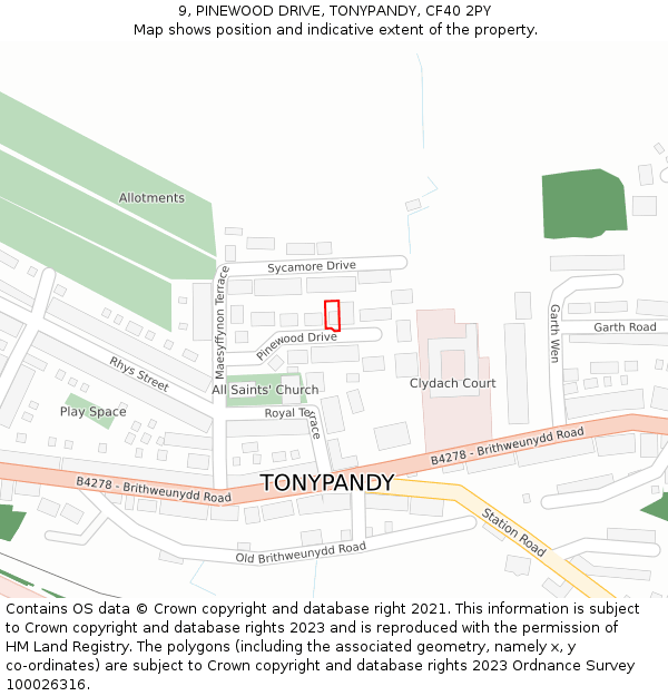 9, PINEWOOD DRIVE, TONYPANDY, CF40 2PY: Location map and indicative extent of plot