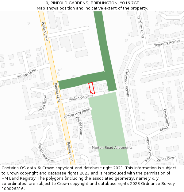 9, PINFOLD GARDENS, BRIDLINGTON, YO16 7GE: Location map and indicative extent of plot