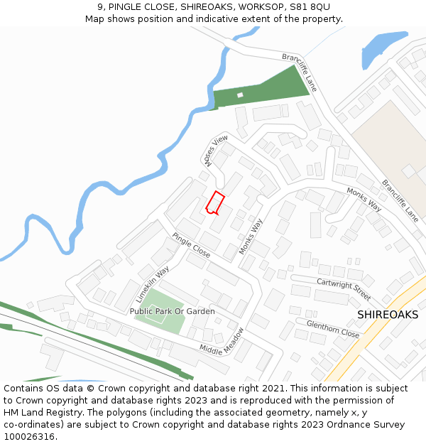 9, PINGLE CLOSE, SHIREOAKS, WORKSOP, S81 8QU: Location map and indicative extent of plot