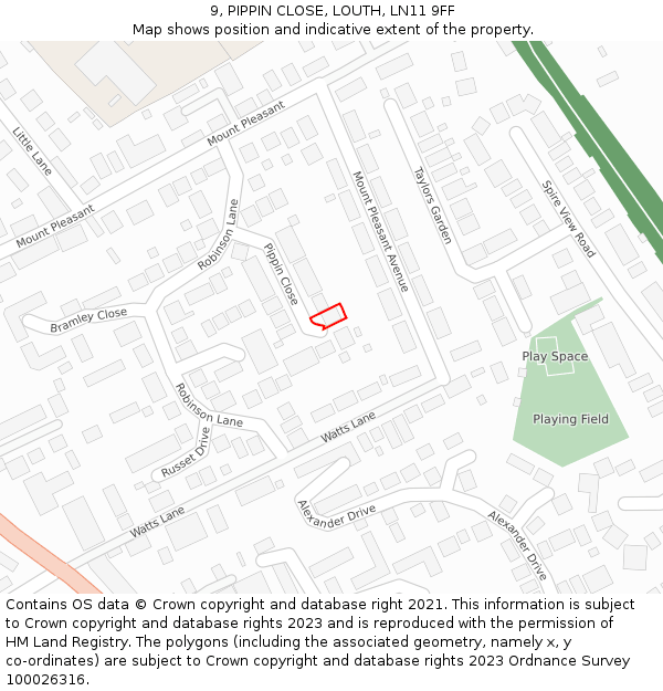 9, PIPPIN CLOSE, LOUTH, LN11 9FF: Location map and indicative extent of plot