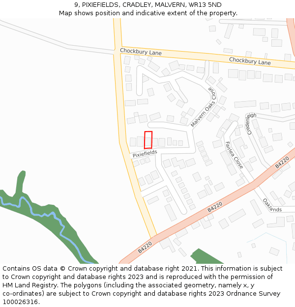 9, PIXIEFIELDS, CRADLEY, MALVERN, WR13 5ND: Location map and indicative extent of plot