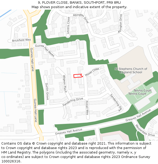 9, PLOVER CLOSE, BANKS, SOUTHPORT, PR9 8RU: Location map and indicative extent of plot